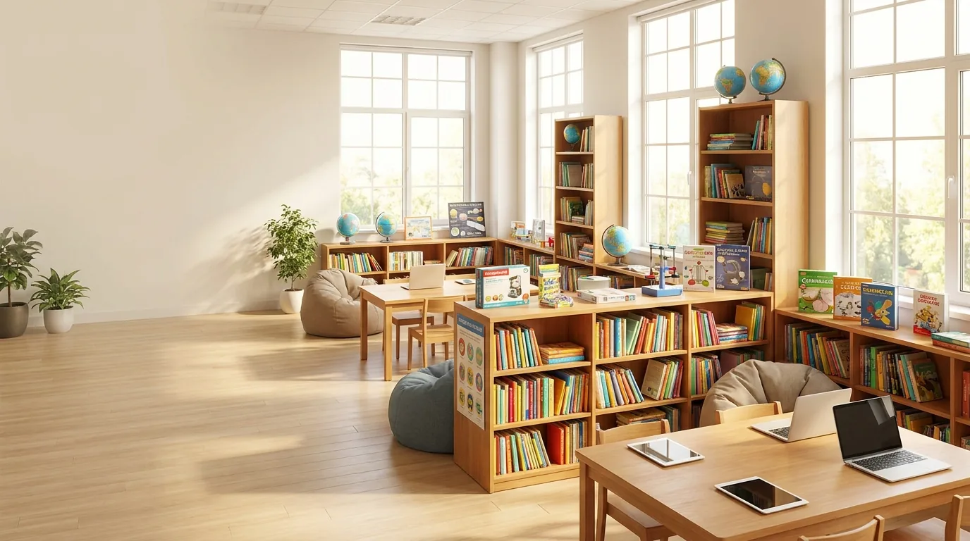 A bright school library with books, globes and laptops