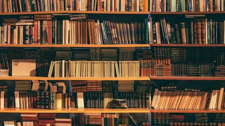 Tall library shelves filled with books