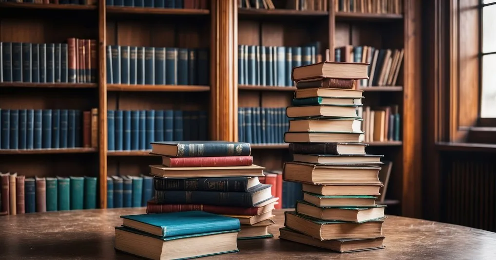 Stacks of books on a wooden table in a library